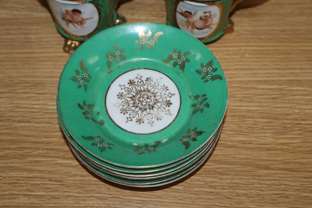 A Paragon china green and gilt part tea set and a Continental part tea set, decorated with printed reserves